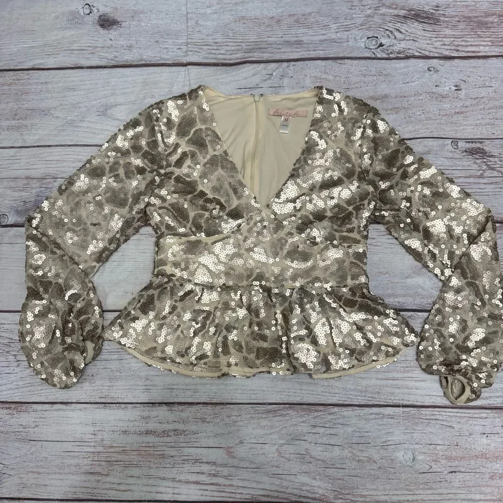 Anthropologie Hutch Champagne Gold Sequin Puff Sleeve Peplum Blouse Size M